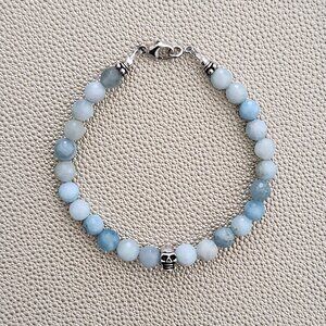 AQUAMARINE GEMSTONE BRACELET W/ 925 SILVER SKULL BEAD